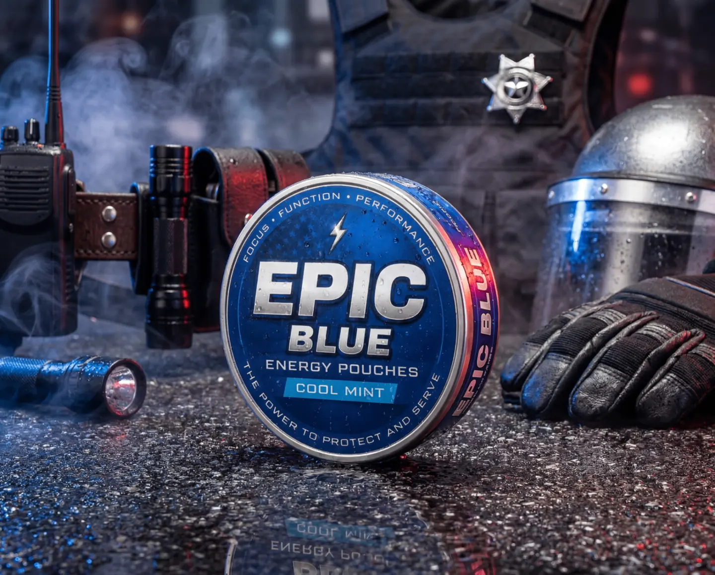 EPIC Blue Cool Mint energy pouch tin staged with tactical gear under blue and red light