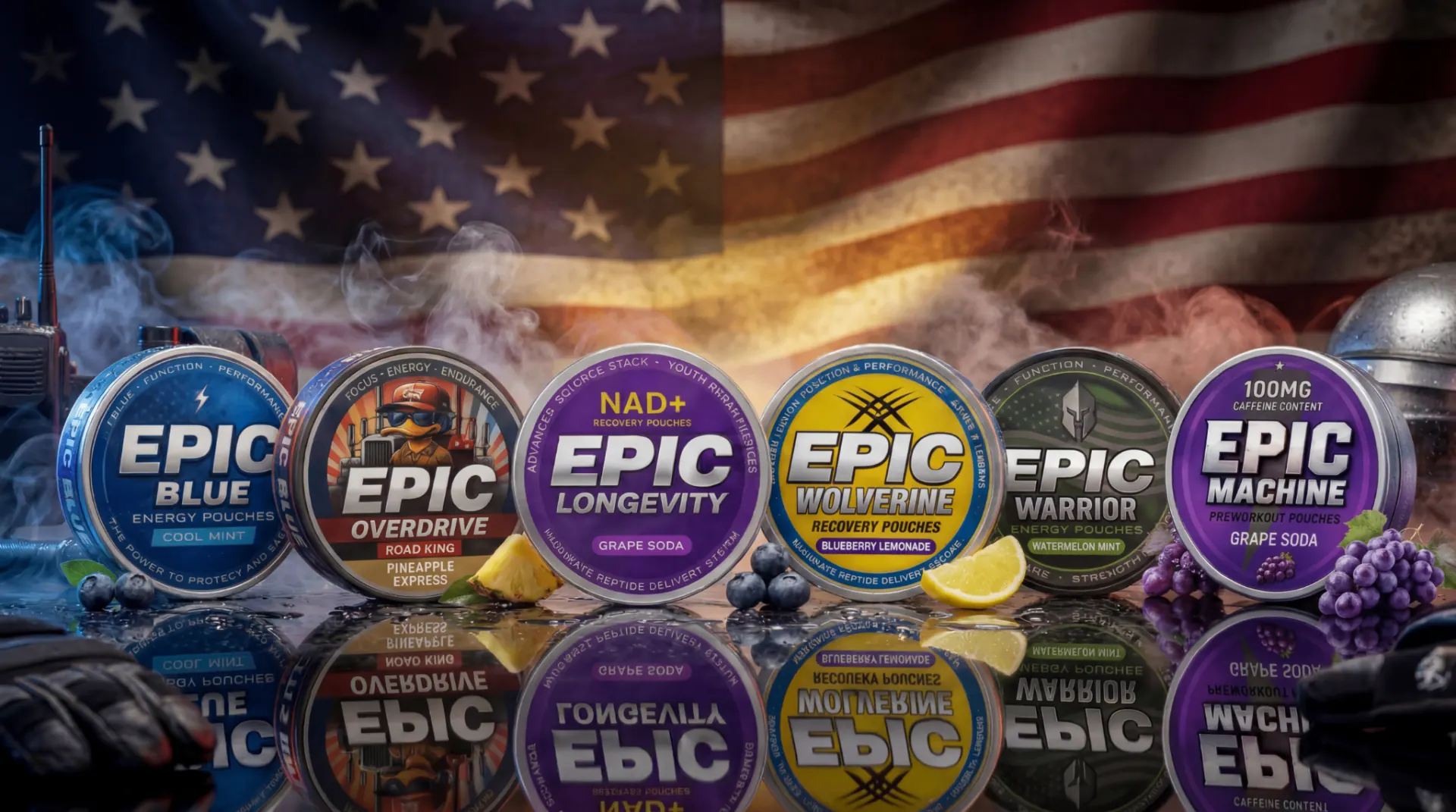 EPIC All American product hero — Blue, OverDrive, Longevity, Wolverine, Warrior, and Machine pouches with the American flag