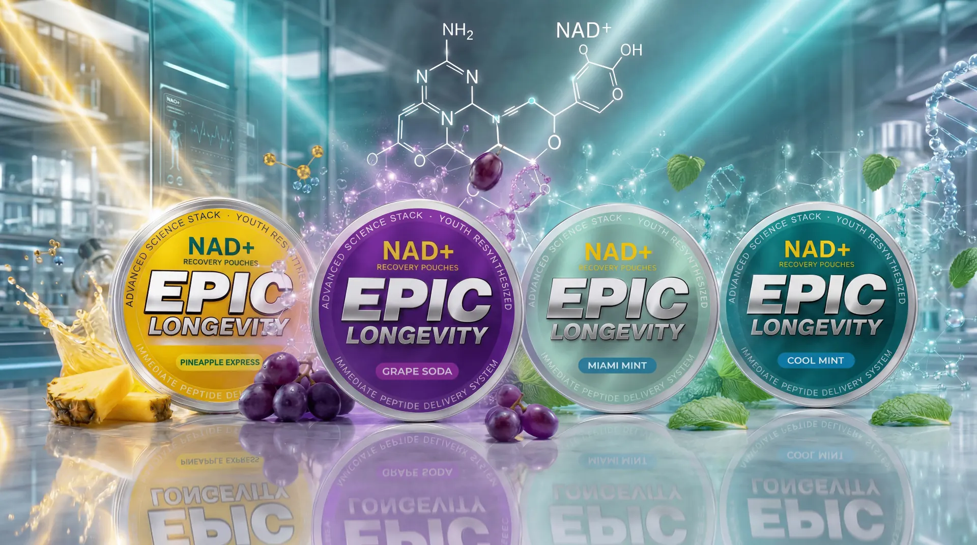 EPIC Longevity hero lineup featuring Pineapple Express, Grape Soda, Miami Mint, and Cool Mint tins
