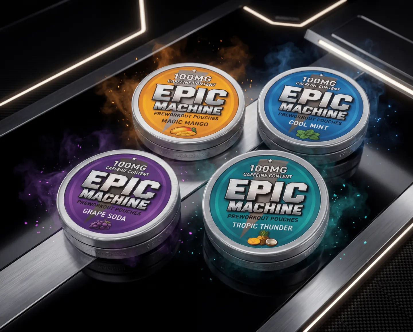 EPIC Machine hero lineup featuring Magic Mango, Cool Mint, Grape Soda, and Tropic Thunder tins