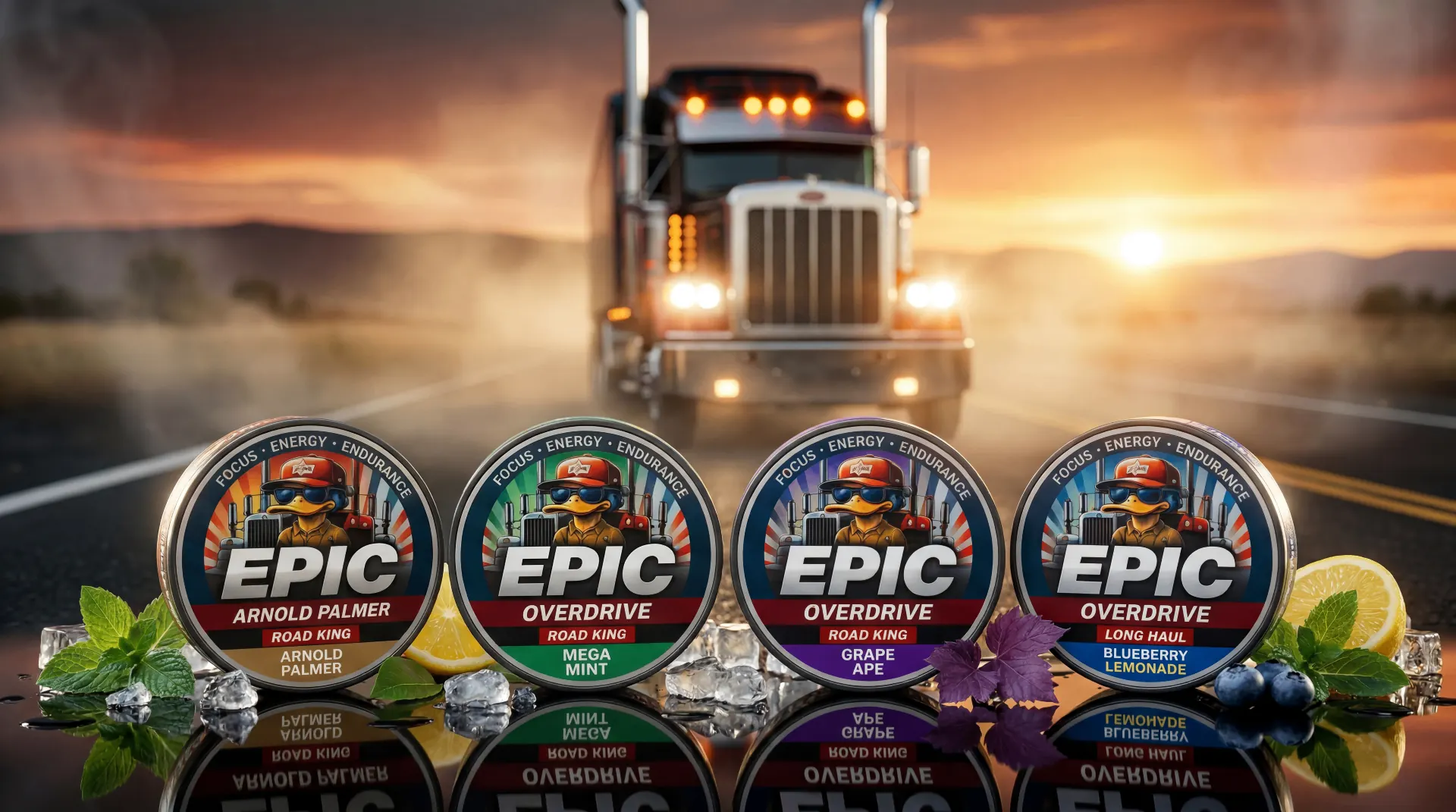 EPIC OverDrive lineup with Arnold Palmer, Mega Mint, Grape Ape, and Blueberry Lemonade tins on a sunset highway